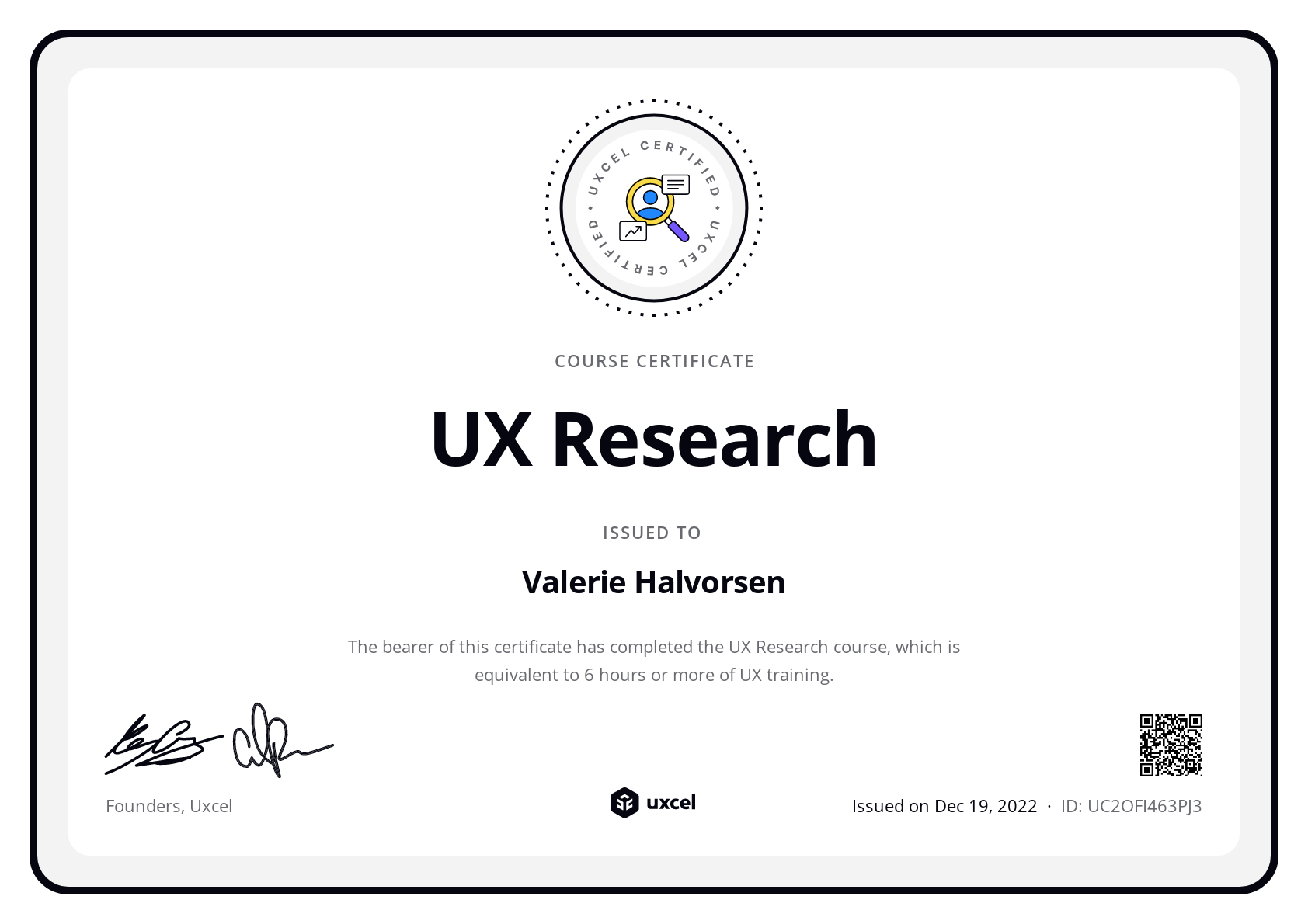 Valerie Halvorsen's certificate